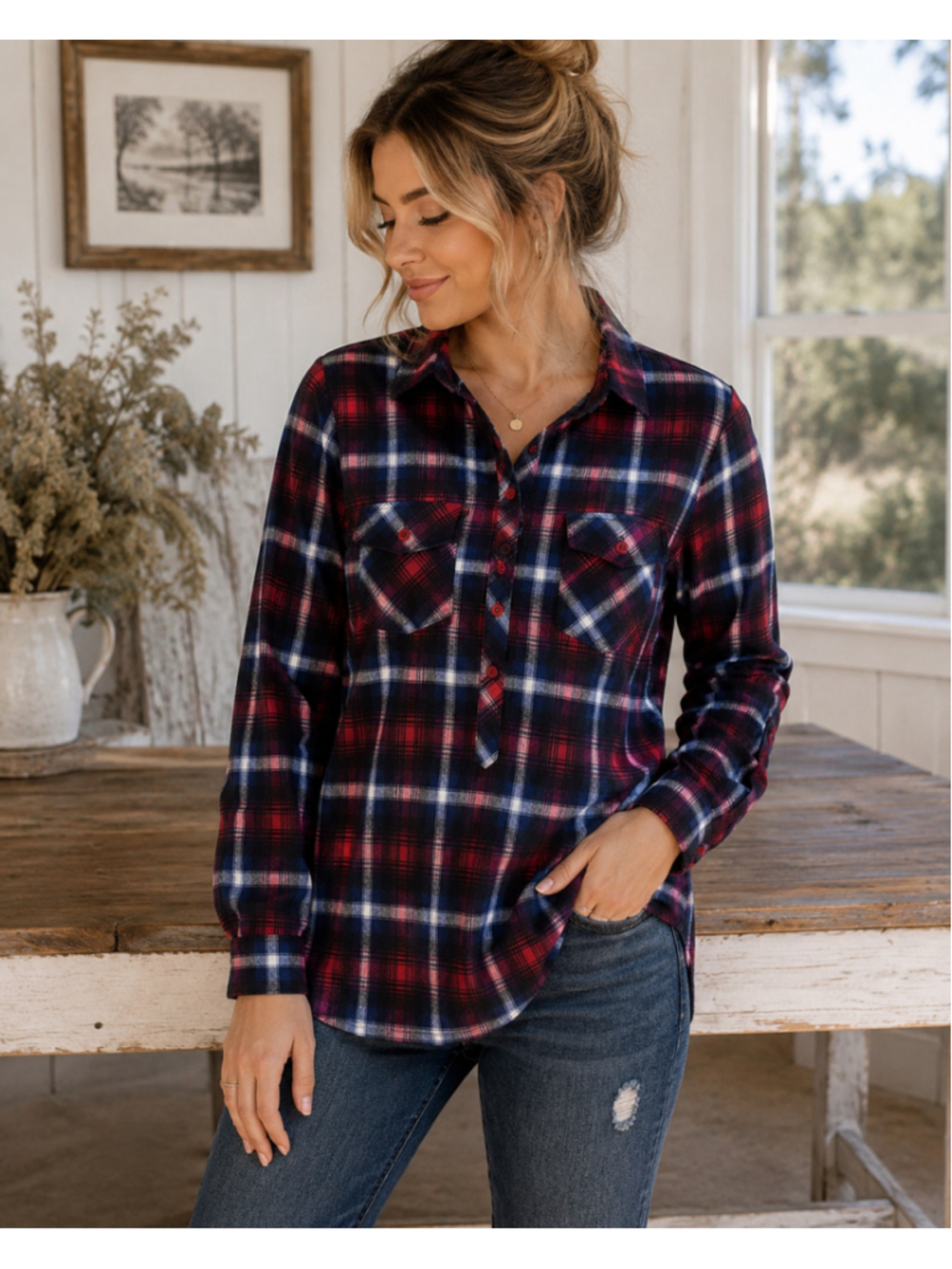 Women's Love Potion Plaid Button Down Shirt Size L Red Blue